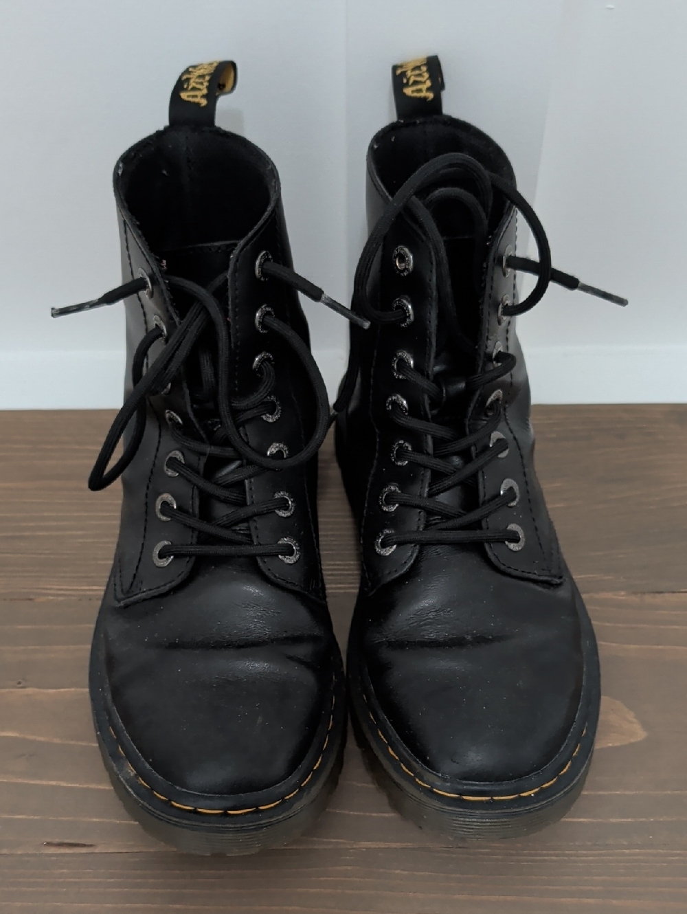 Dr. Martens Black Luana 7-Eye Lace-Up Combat Boots with Yellow Stitching